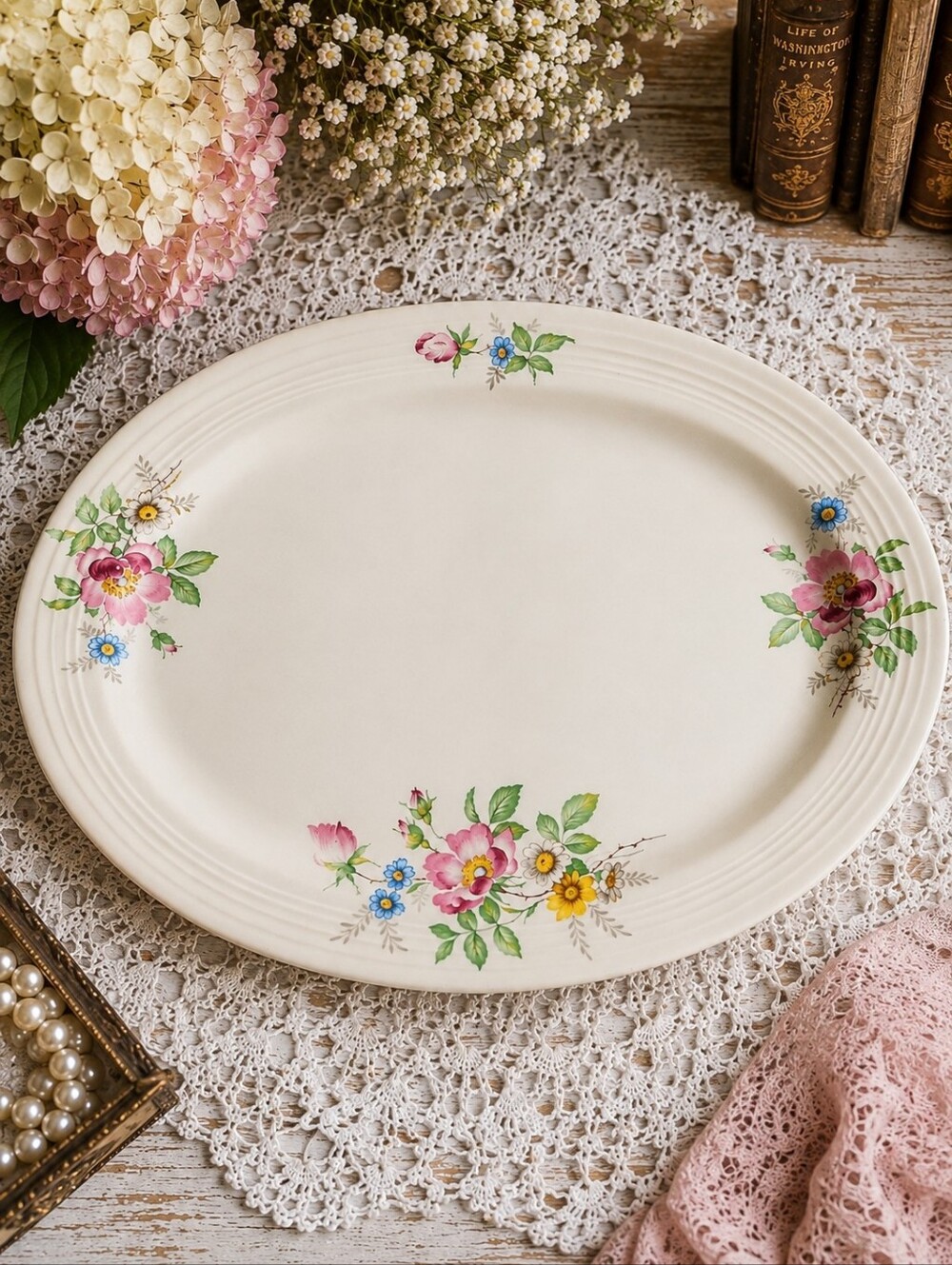 Vintage Cronin China Floral Rose Oval Serving Platter 11.5" Cottagecore
